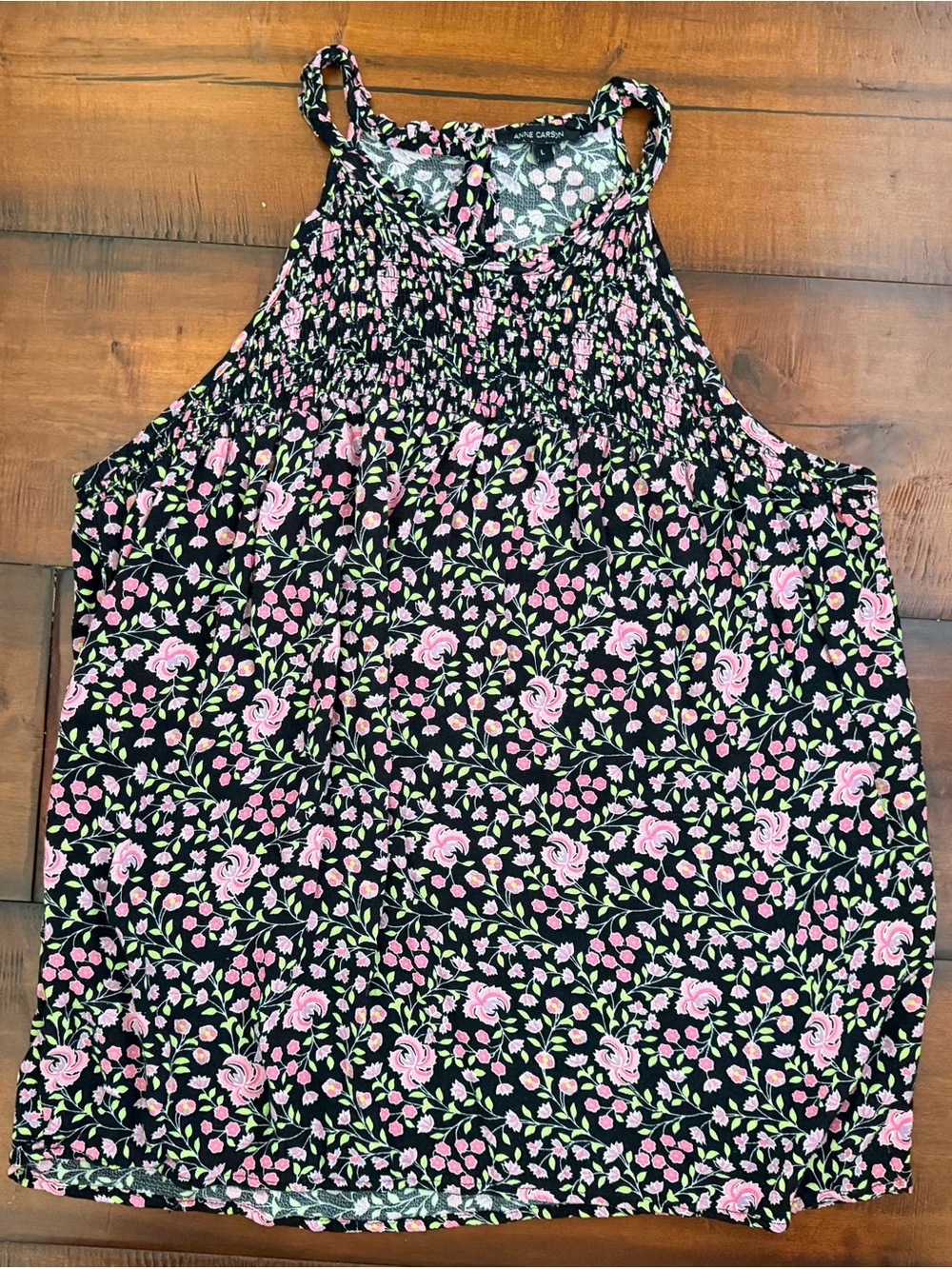 Anne Carson Black Floral Top with Pink and Yellow Accents